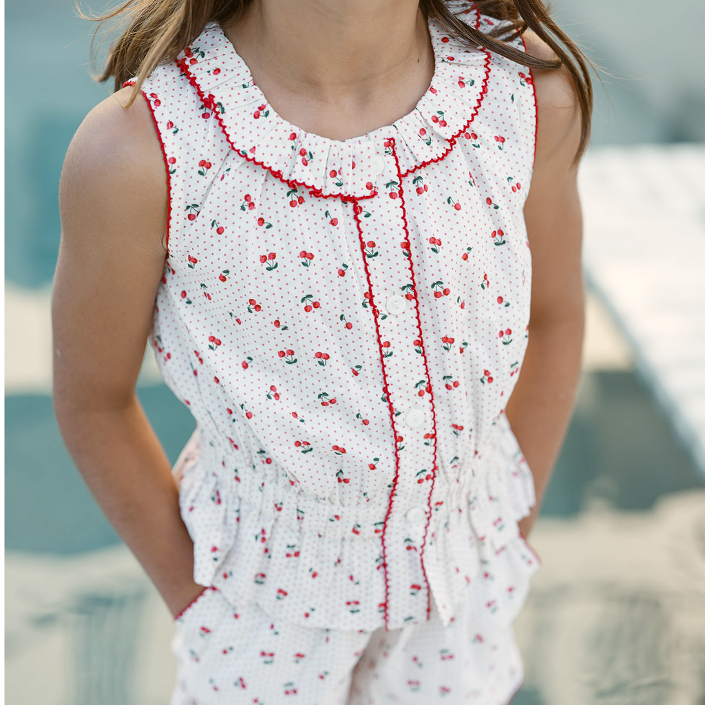 Girl’s Summer Cherries Gathered Tank Top & Short Set