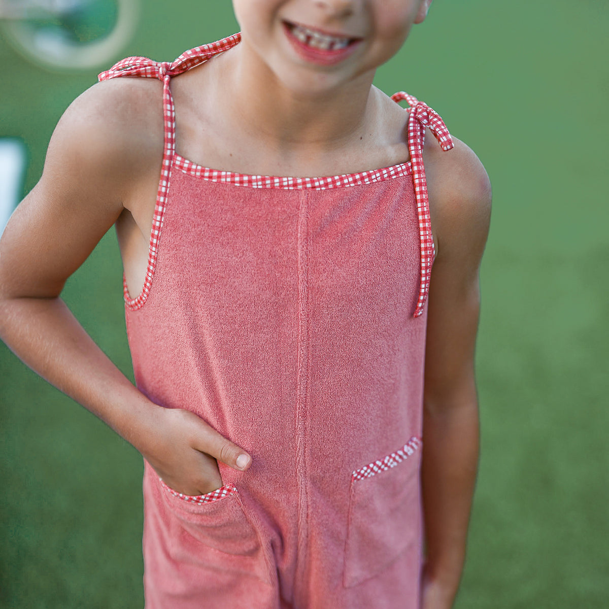 Girl’s Poppy Red French Terry Romper with Tie Straps