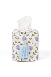 Inner Child seashell blockprint tissue box cover - blue seashells, light blue tassel