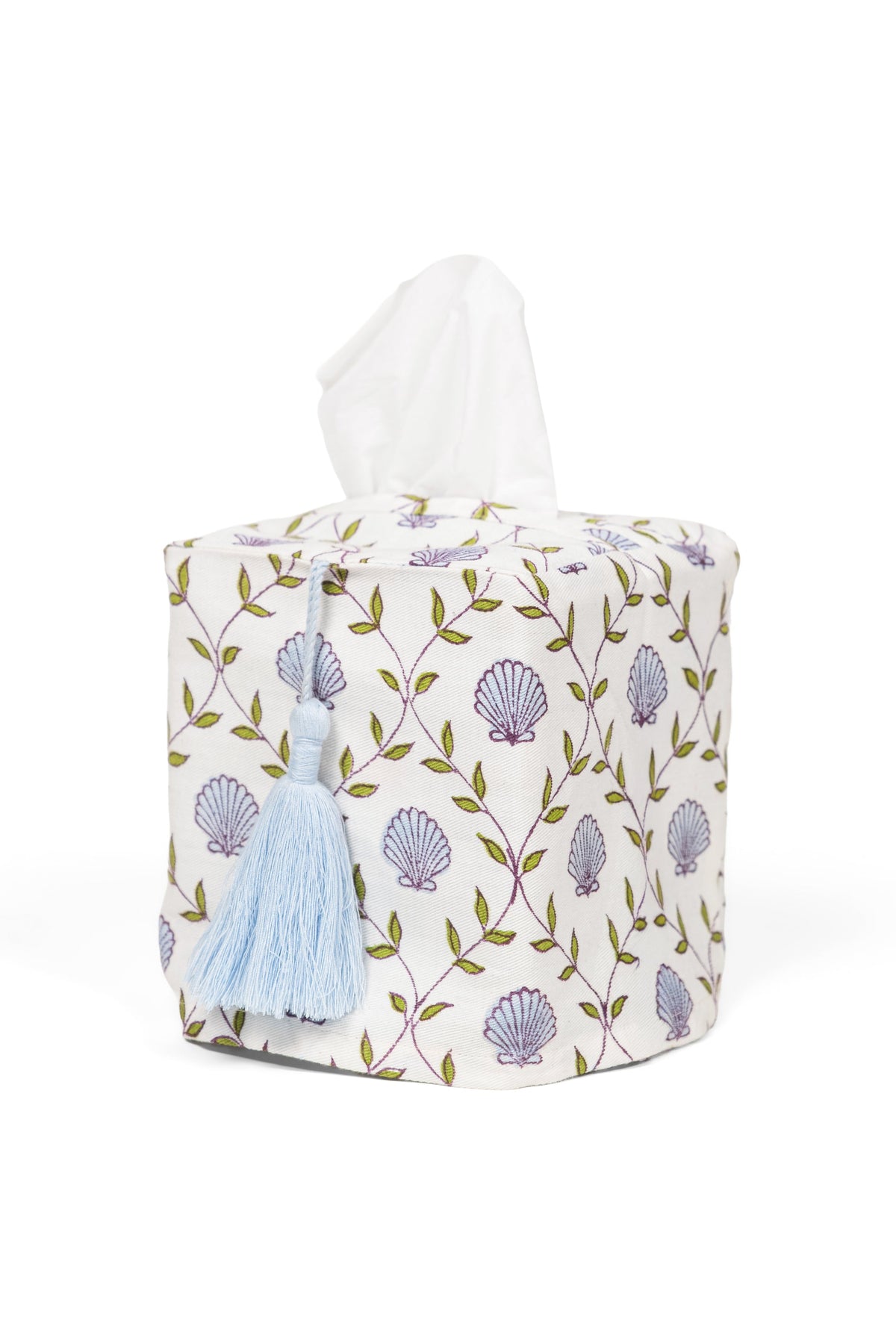 Inner Child seashell blockprint tissue box cover - blue seashells, light blue tassel
