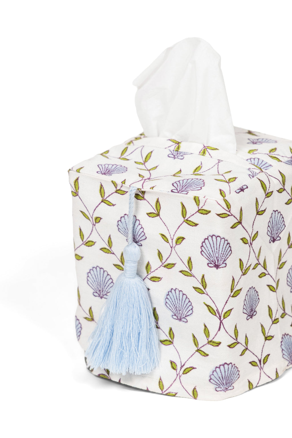 Inner Child seashell blockprint tissue box cover with light blue tassel