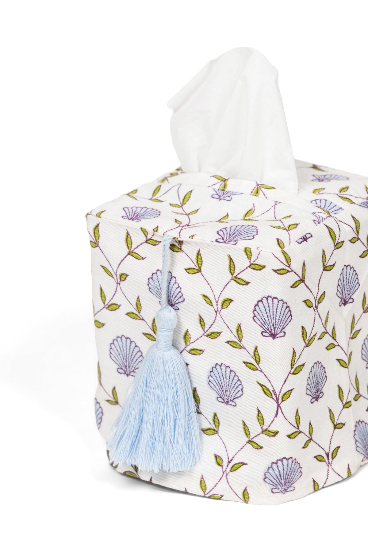 Inner Child seashell blockprint tissue box cover with light blue tassel