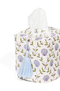 Inner Child seashell blockprint tissue box cover with light blue tassel