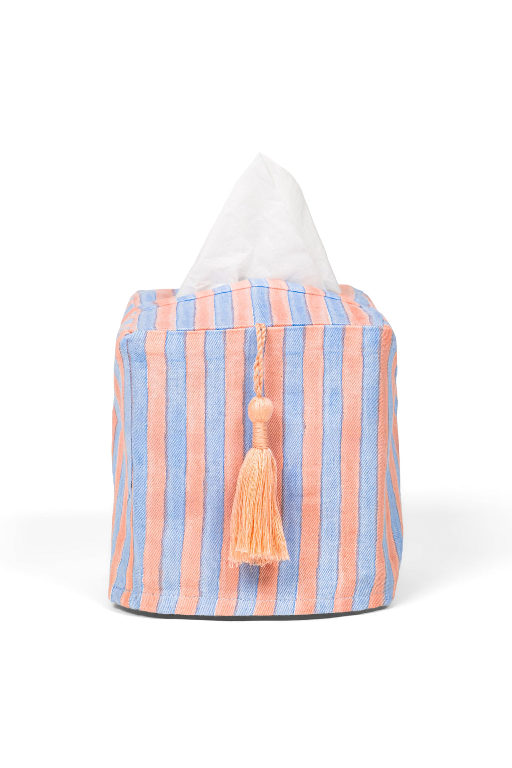 Peach and blue striped blockprint fabric tissue box cover with decorative tassel