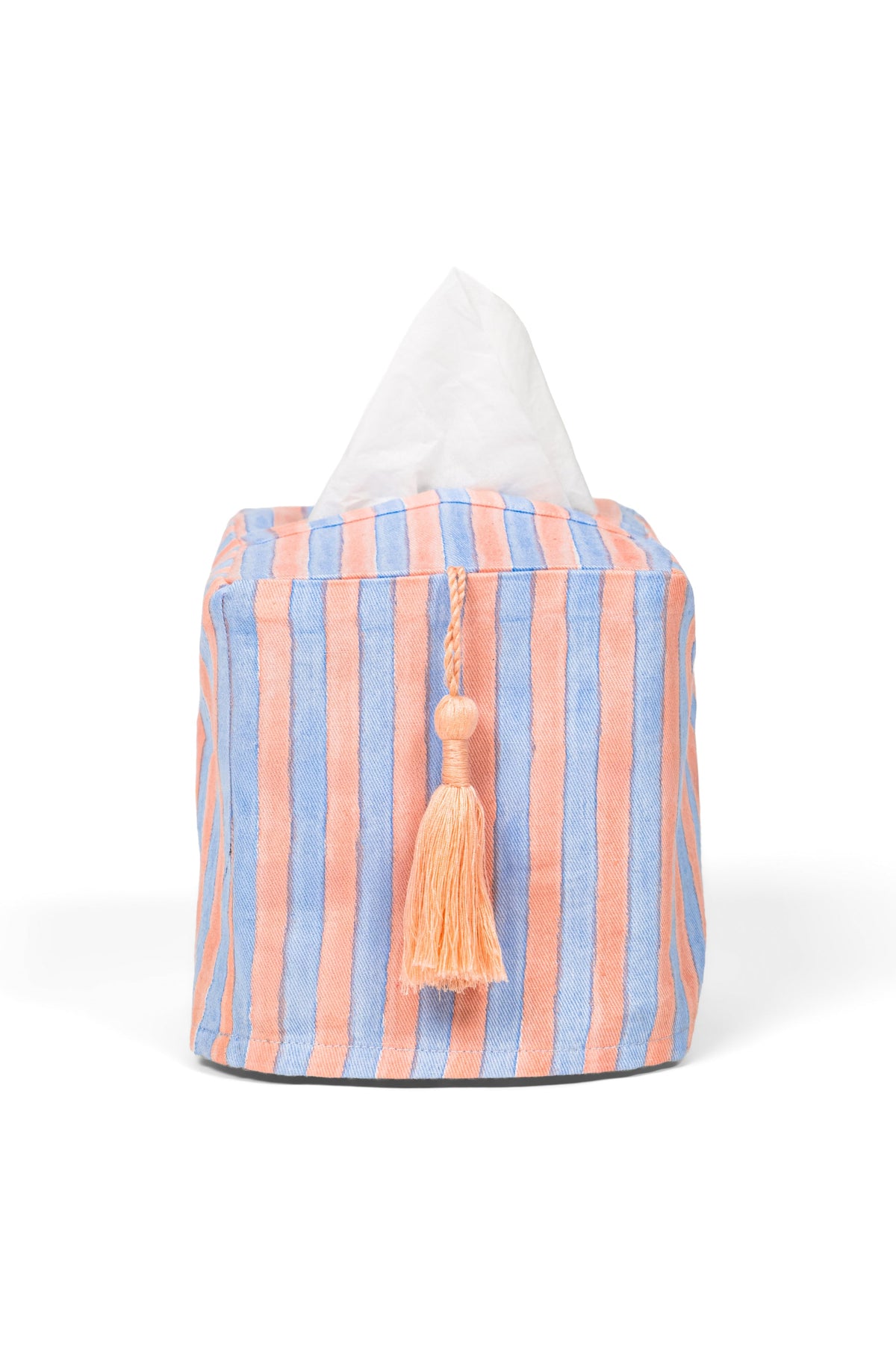 Peach and blue striped blockprint fabric tissue box cover with decorative tassel