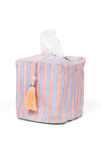 Striped blockprint tissue box cover with peach tassel detail