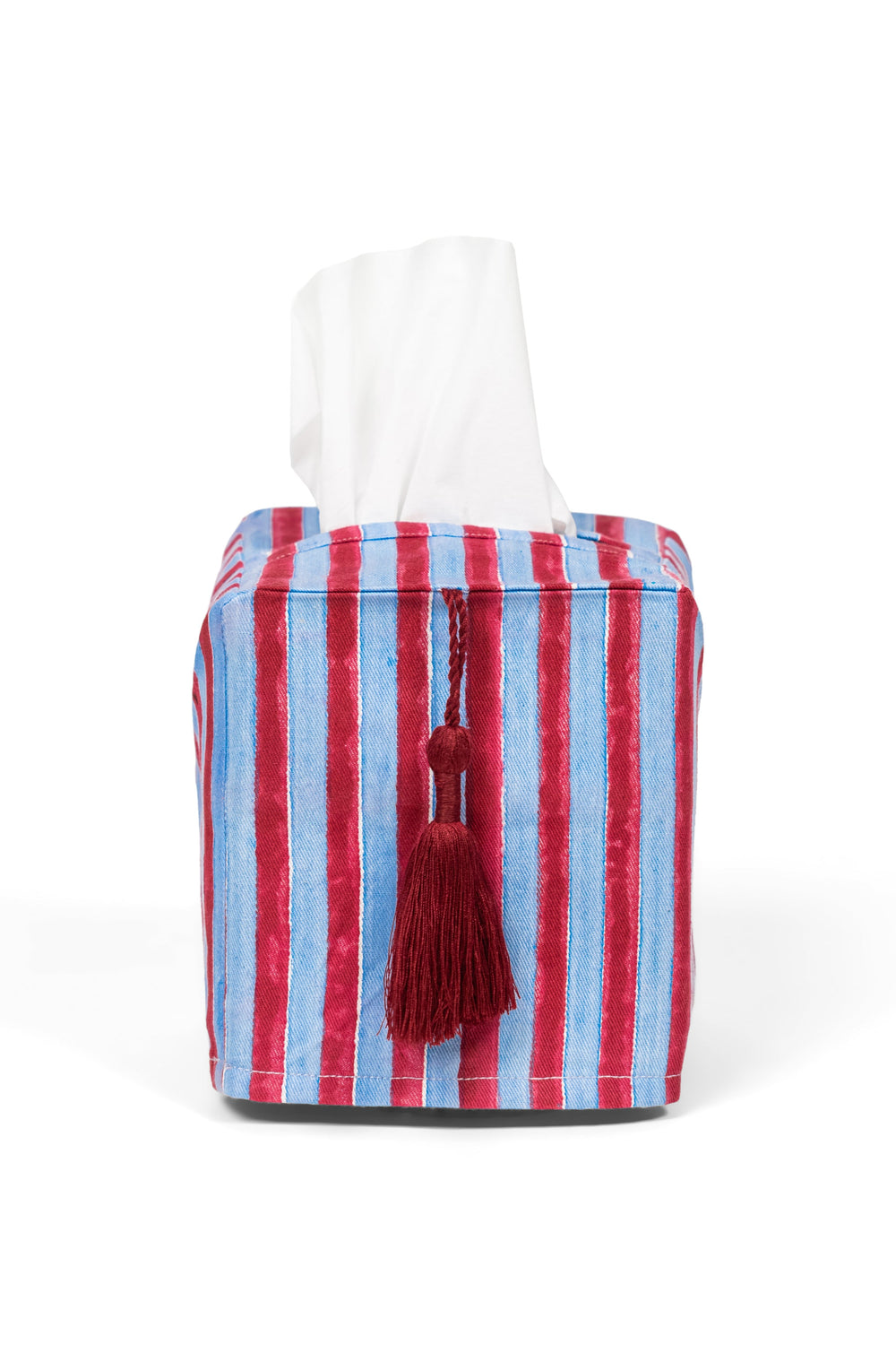 Red blue stripe blockprint tissue box cover with tassel from Inner Child