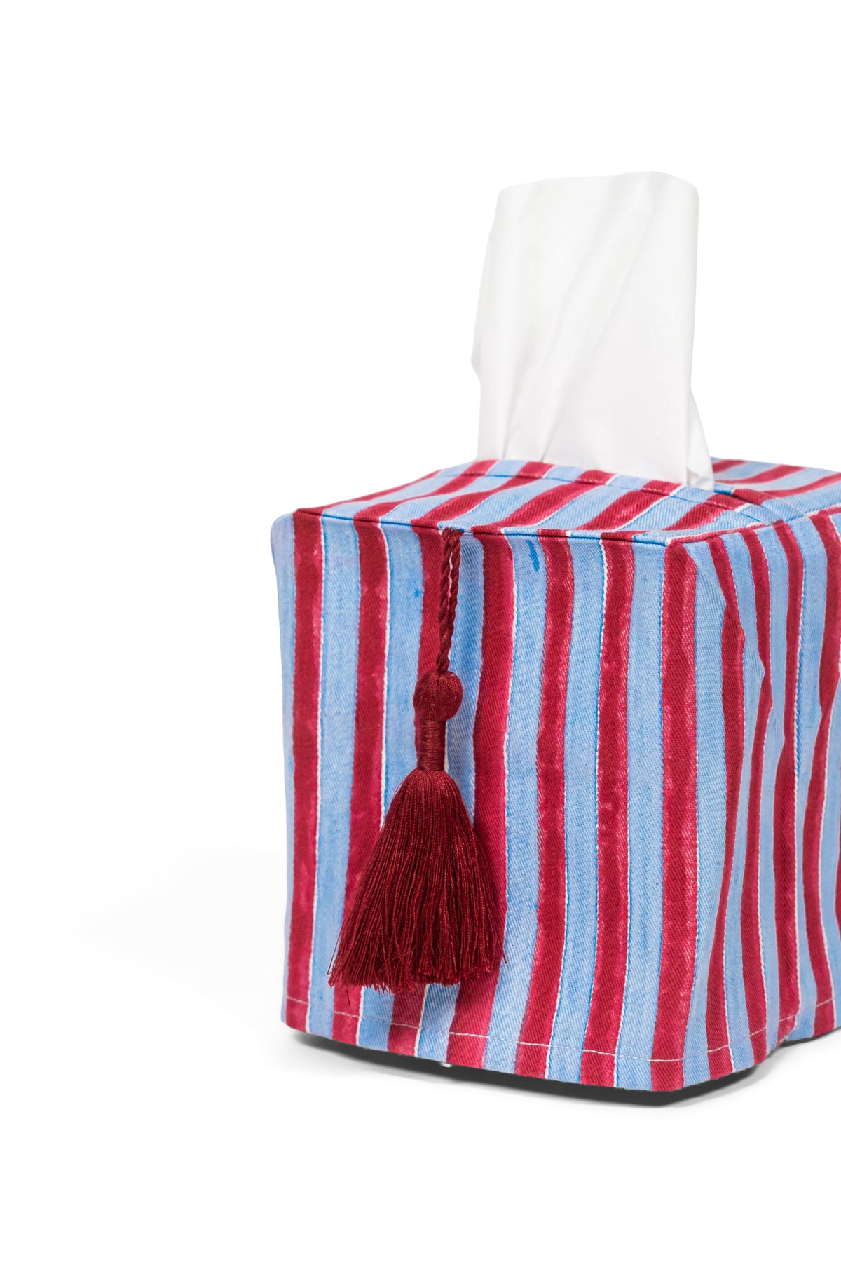 Red blue stripe blockprint tissue box cover close-up from Inner Child