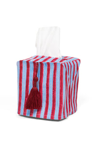 Blue red stripe blockprint tissue box cover with tassel from Inner Child
