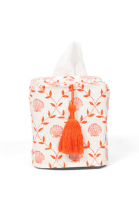 Inner Child seashell blockprint tissue box cover - orange seashells, orange tassel