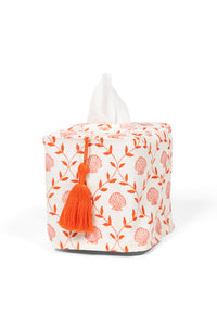 White fabric tissue box cover with orange seashell blockprint and tassel