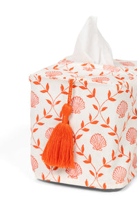 White fabric tissue box cover with orange seashell blockprint and tassel