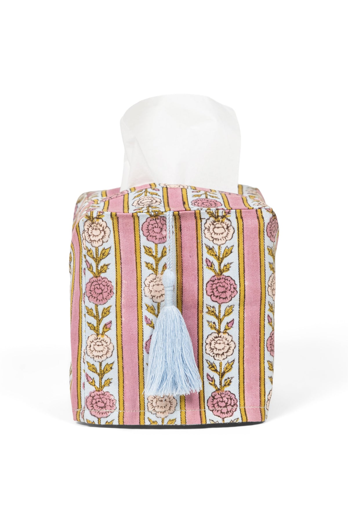 Purple vintage floral stripe blockprint tissue box cover with light blue tassel