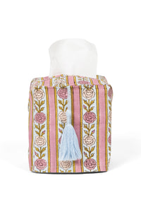 Purple vintage floral stripe blockprint tissue box cover with light blue tassel