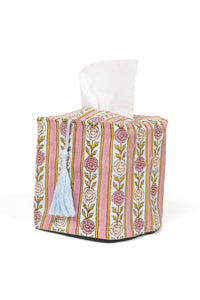 Vintage floral stripe blockprint tissue box cover with light blue tassel
