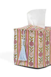 Vintage floral stripe blockprint tissue box cover with light blue tassel