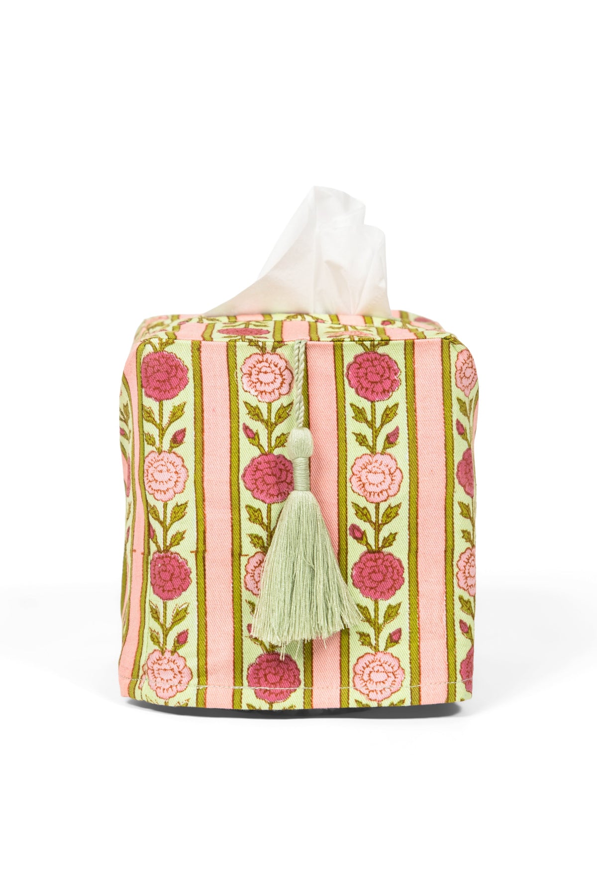 Pink vintage floral stripe blockprint tissue box cover with decorative tassel