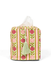 Pink vintage floral stripe blockprint tissue box cover with decorative tassel