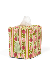 Vintage floral stripe blockprint tissue box cover with decorative tassel