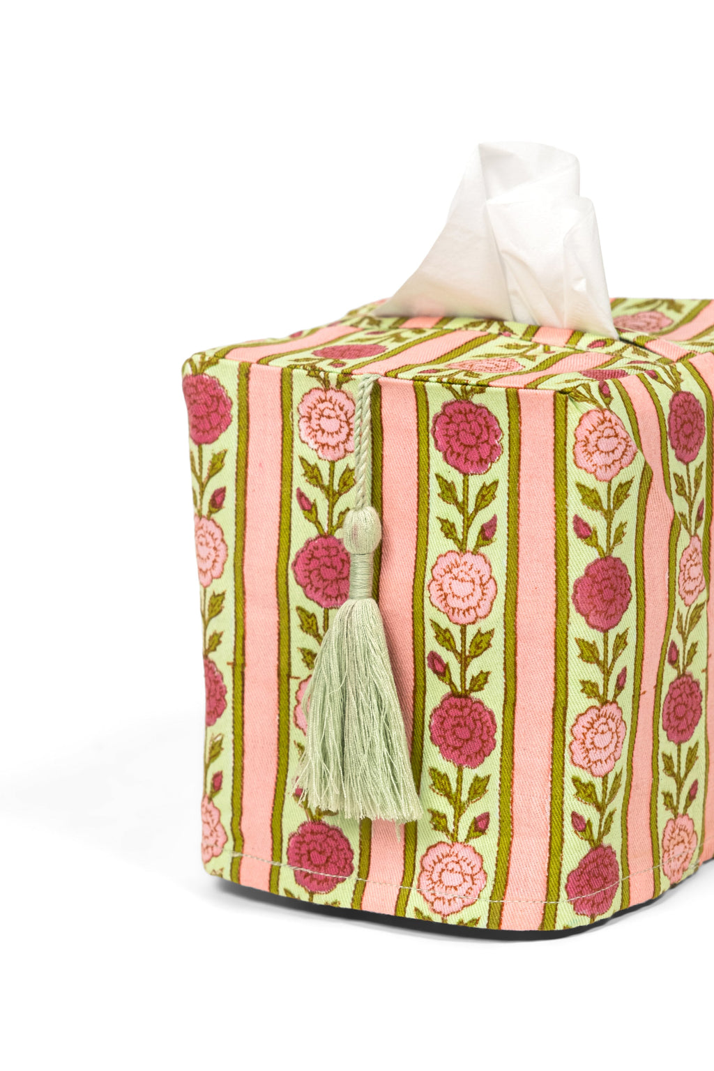 Vintage floral stripe blockprint tissue box cover with decorative tassel