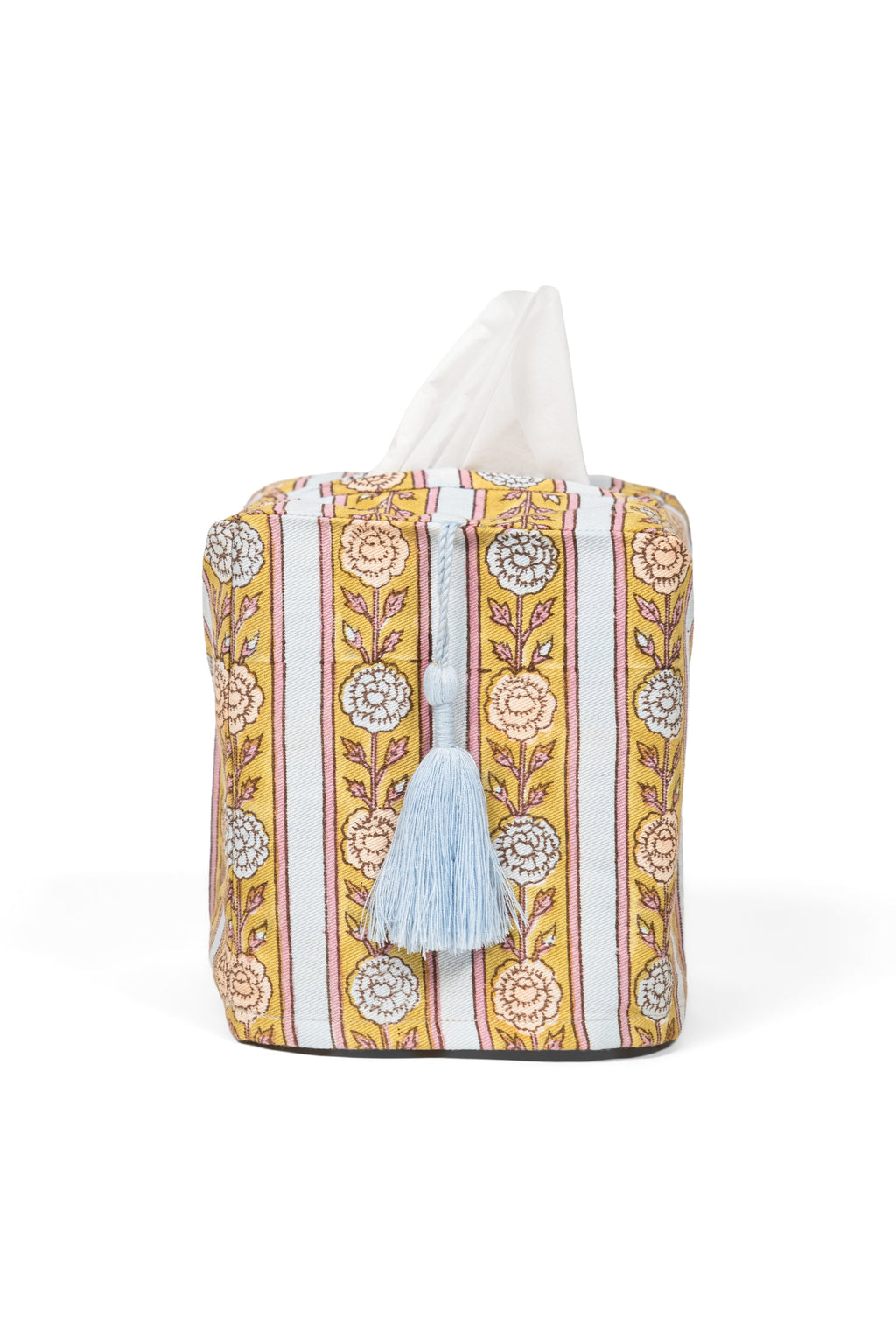 Front view of vintage floral stripe blockprint tissue box cover showcasing yellow floral stripes, pink accents, and light blue tassel