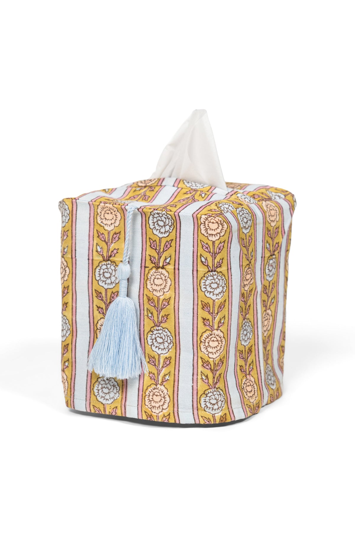 Vintage floral stripe blockprint tissue box cover with blue tassel - Inner Child