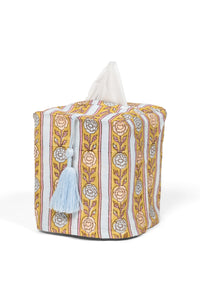 Vintage floral stripe blockprint tissue box cover with blue tassel - Inner Child