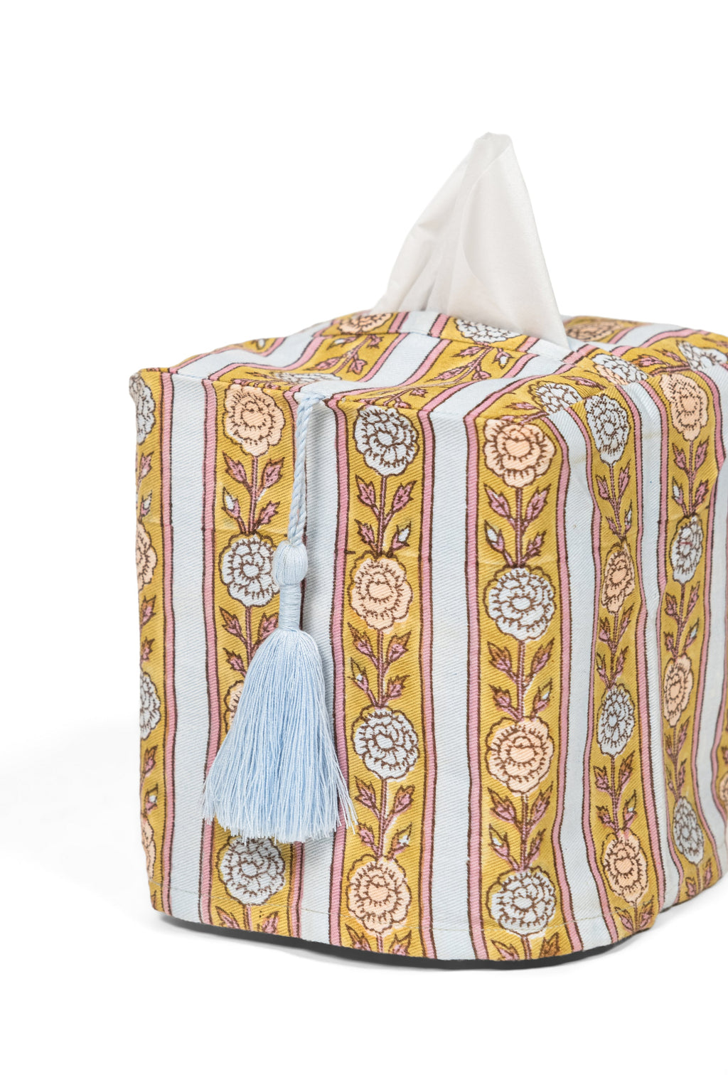 Vintage floral stripe blockprint tissue box cover with decorative tassel