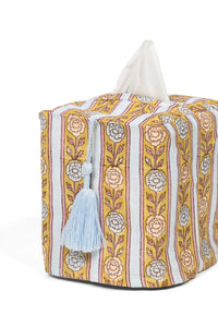 Vintage floral stripe blockprint tissue box cover with decorative tassel