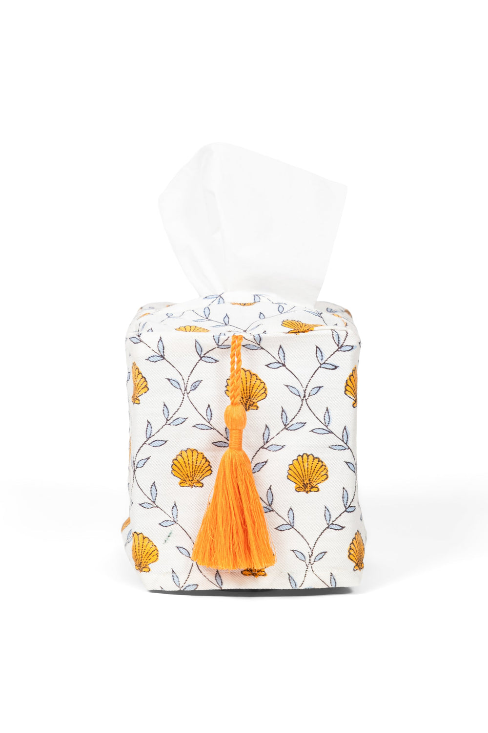 Seashell orange blockprint tissue box cover with tassel