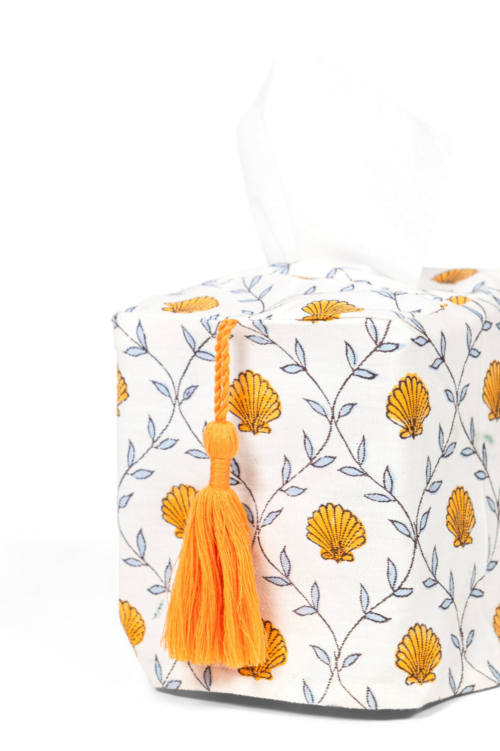 Seashell orange blockprint tissue box cover detail view