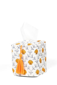 Inner Child seashell blockprint tissue box cover with orange tassel