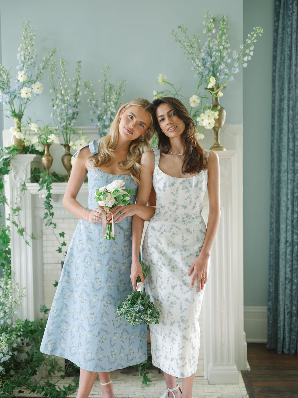 OTM Exclusive: Serafina Blue Floral Ikat Corset A-Line Midi Dress With