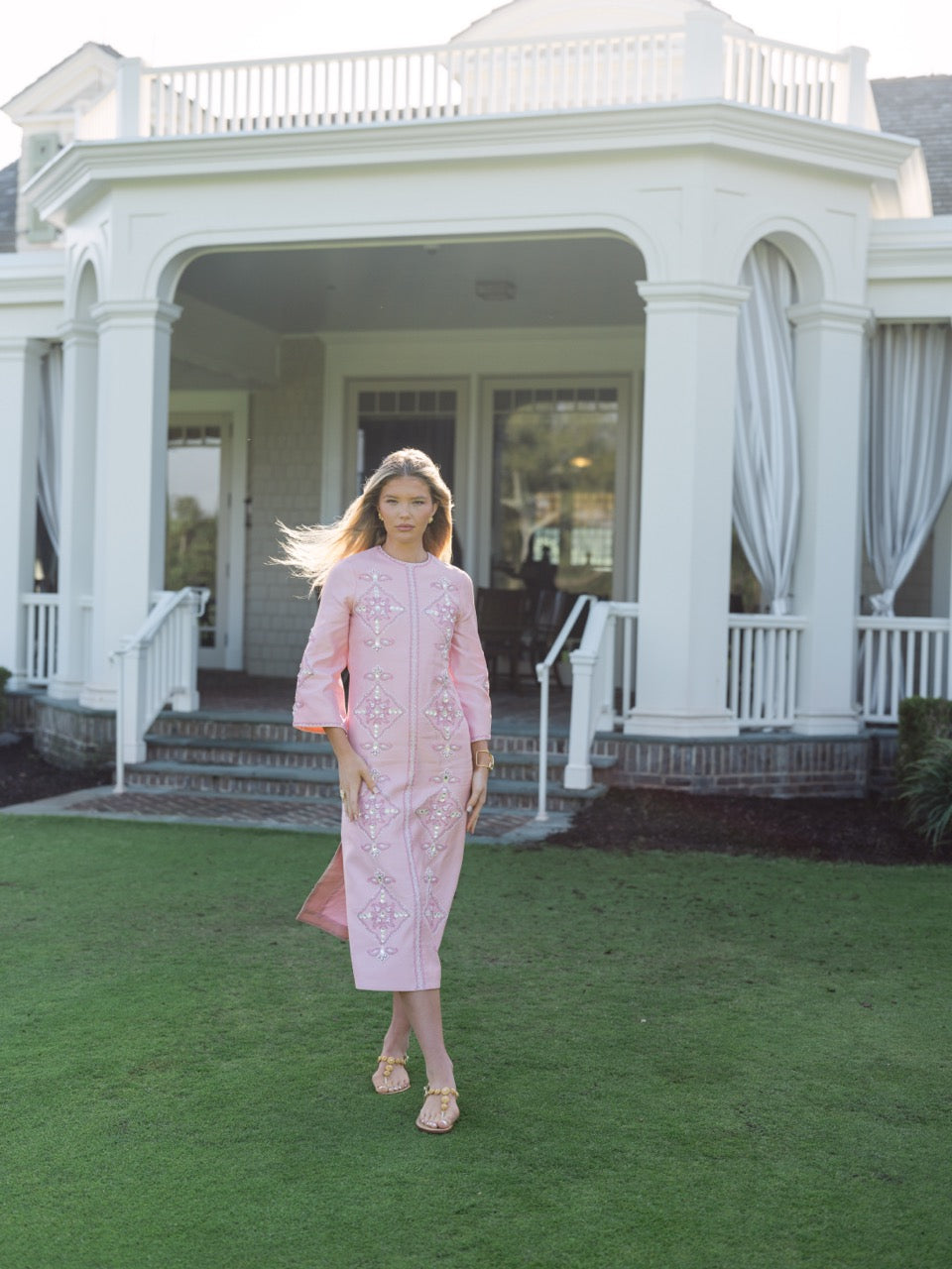 OTM Exclusive: Beaded Clara Caftan in Pink Silk
