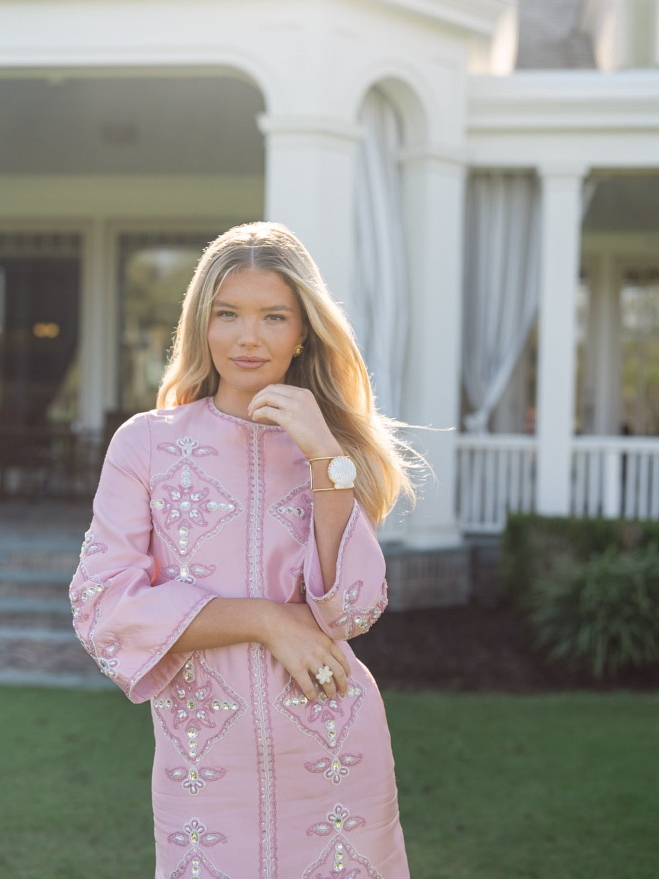 Beaded Clara Caftan in Pink Silk L