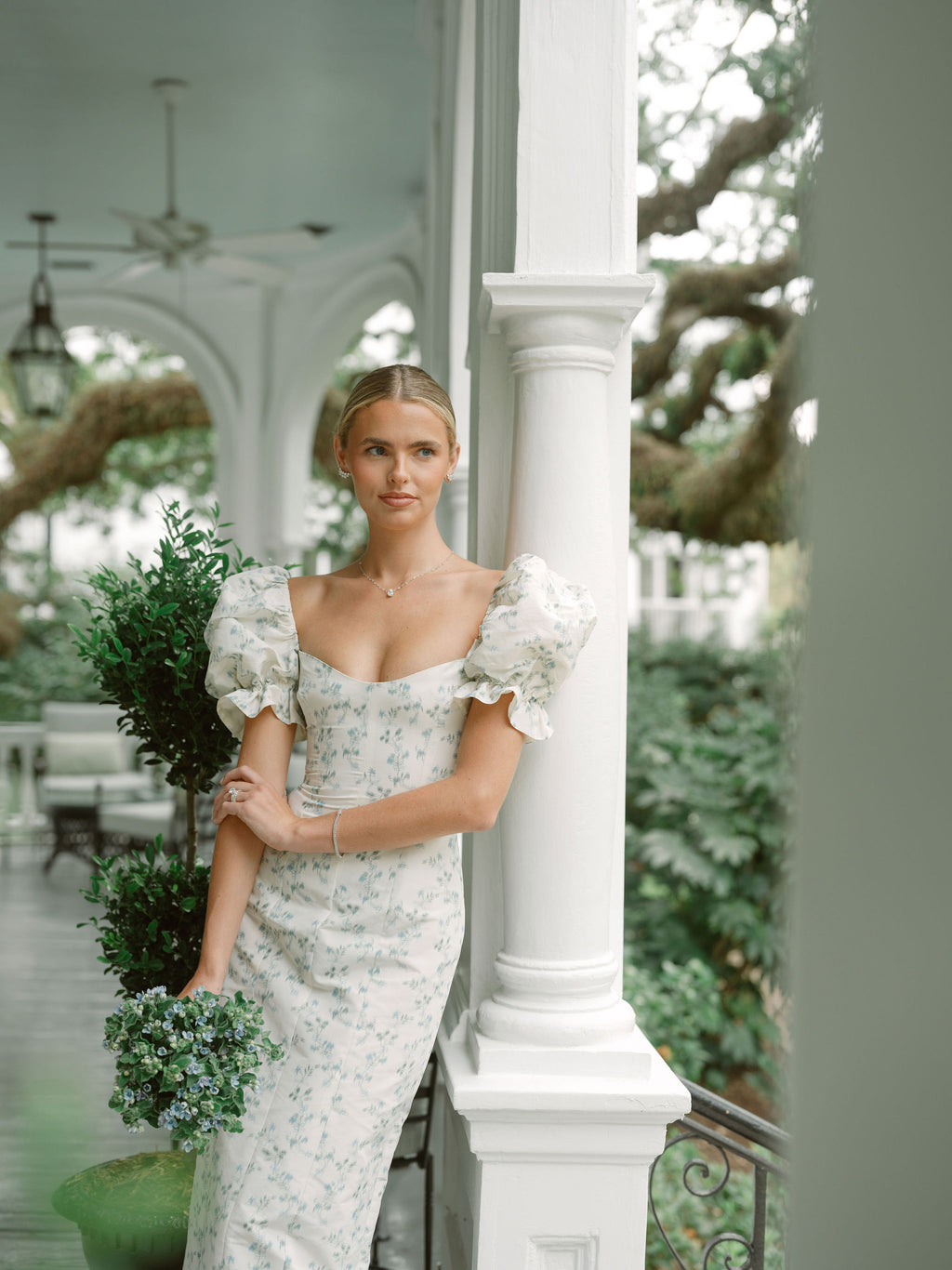 OTM Exclusive: Isidore Blue Bow Floral Ikat Puff Sleeve Column Gown | Over The Moon OTM Exclusive: Isidore Blue Bow Floral Ikat Puff Sleeve Column Gown | Over The Moon