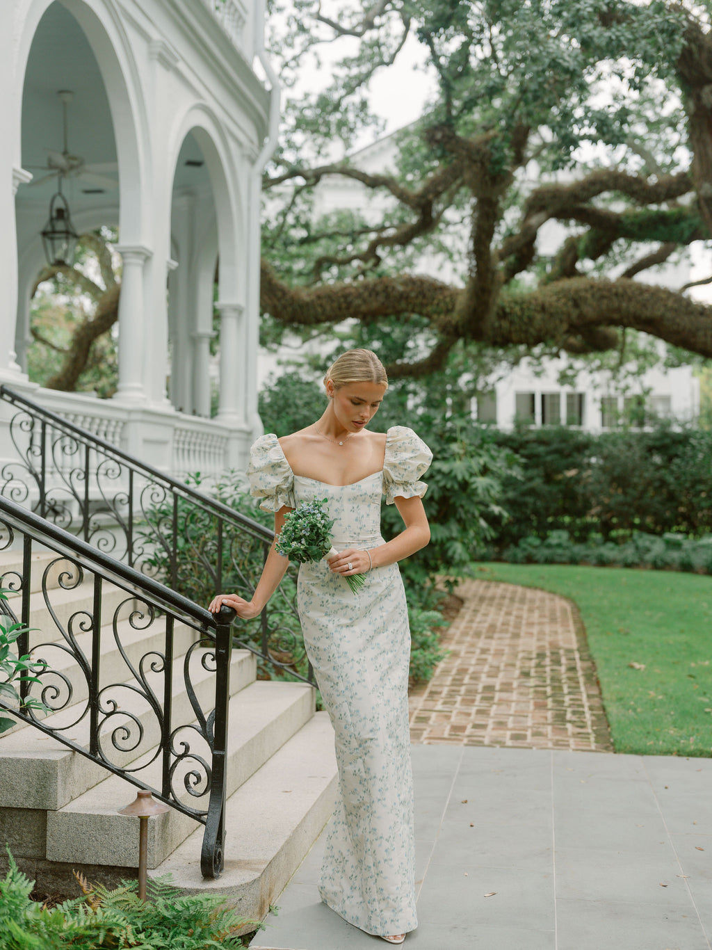 OTM Exclusive: Isidore Blue Bow Floral Ikat Puff Sleeve Column Gown | Over The Moon OTM Exclusive: Isidore Blue Bow Floral Ikat Puff Sleeve Column Gown | Over The Moon