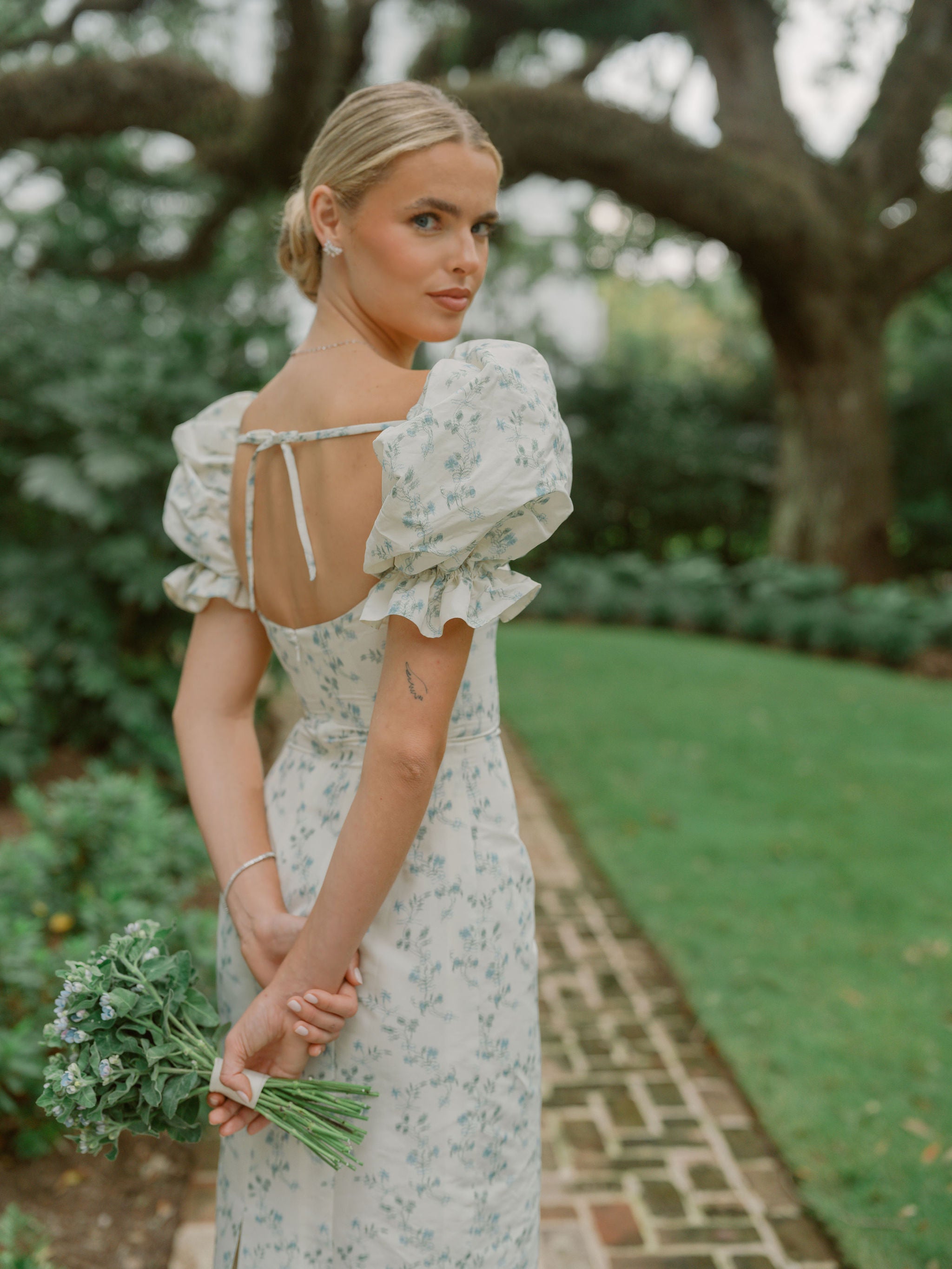 OTM Exclusive: Isidore Blue Bow Floral Ikat Puff Sleeve Column