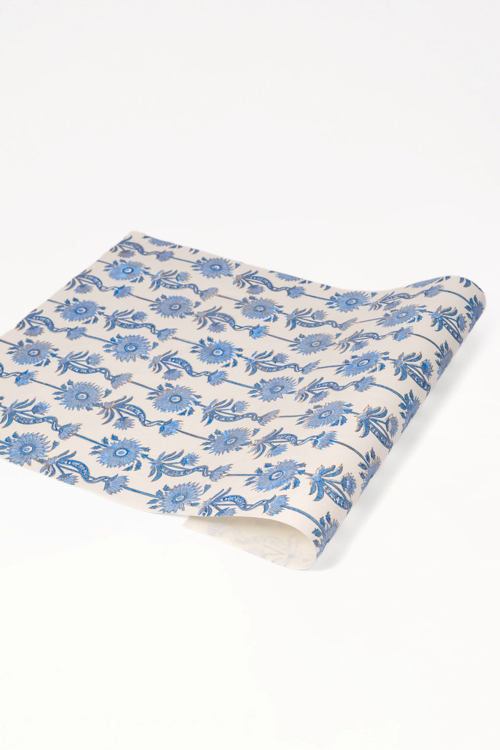 Single blue blockprint floral vines gift wrapping paper by Inner Child