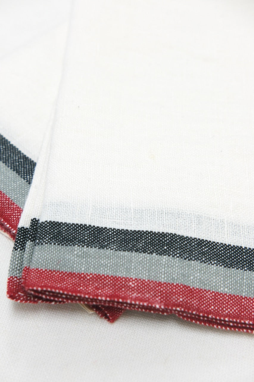Normandy White Tea Towels in Red, Grey, & Black Stripes, Set of 2