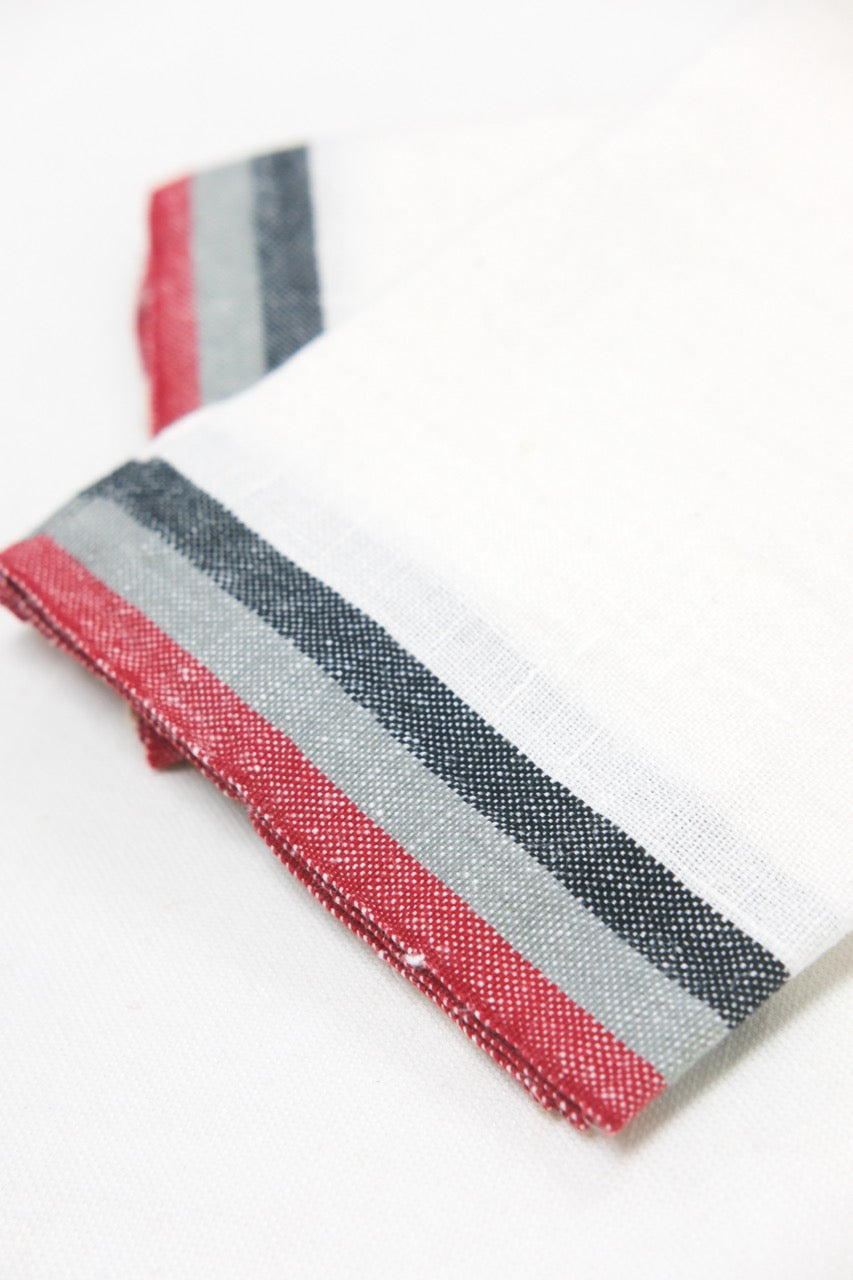 Normandy White Tea Towels in Red, Grey, & Black Stripes, Set of 2