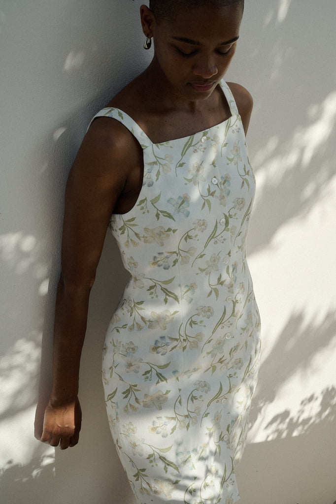 High-Neck Mini Dress in White Hibiscus | Over The Moon