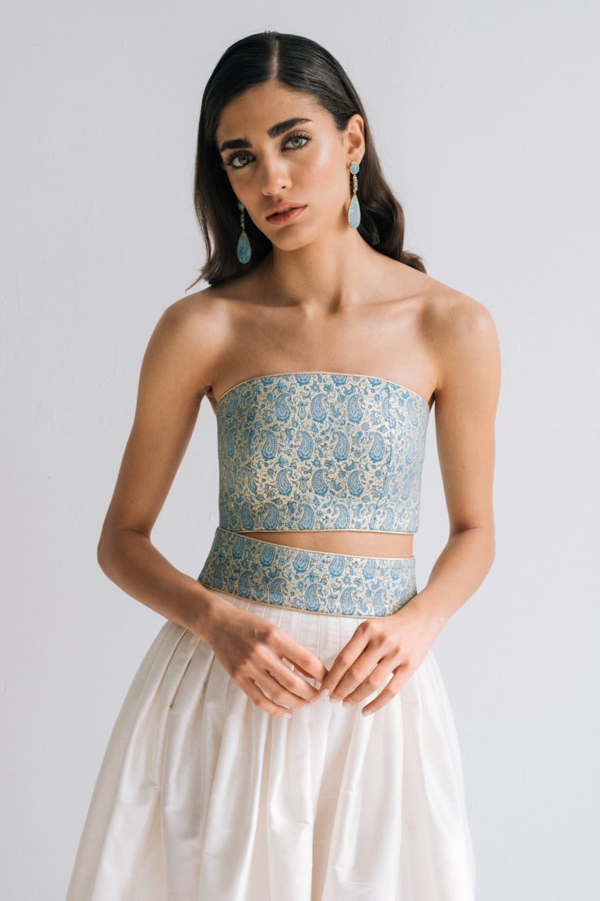 Termeh Jahan Top in Blue & Silver Paisley | Over The Moon