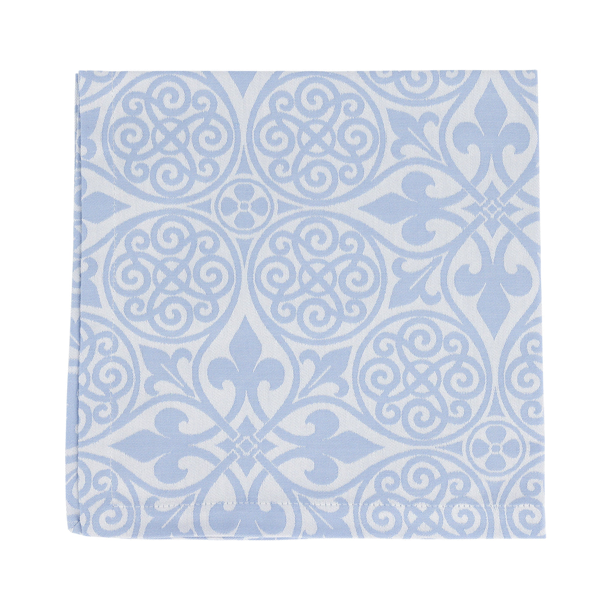 Folded Damask napkin (set of 4) showing light blue and white woven medallion pattern on white background