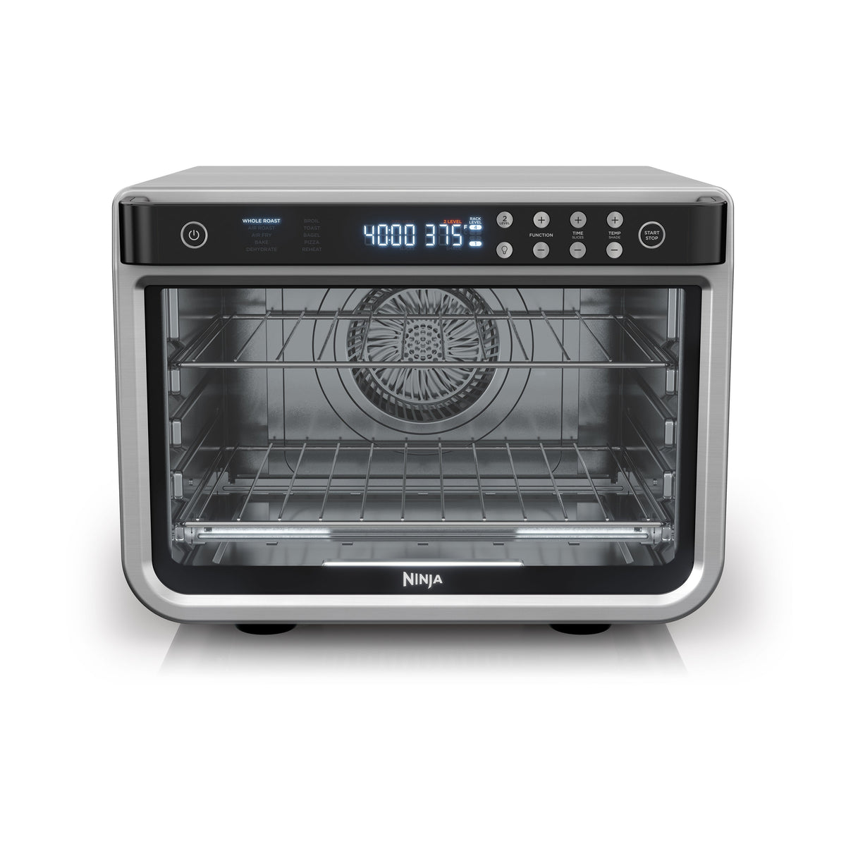 Front view of Foodi 10-in-1 XL Pro Air Fryer Oven showcasing digital display and two-level rack interior on white background
