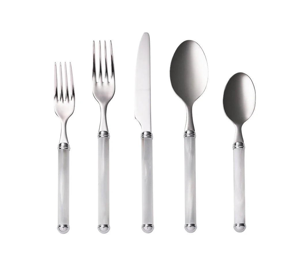 Front view of Mirage 5-Piece Place Setting in White and Silver showcasing five utensils with white acrylic handles