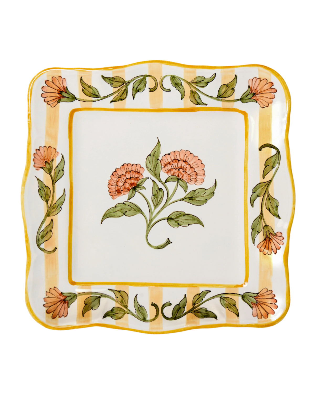 Close-up of DESTREE x Cabana Charger Plate in Yellow showcasing hand-painted floral details and square silhouette on a white background