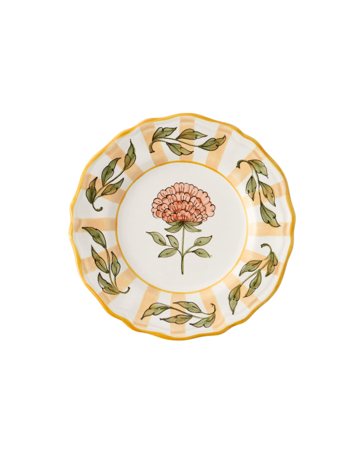Top view of DESTREE x Cabana dessert plate showing scalloped yellow rim, painted pink flower center on white