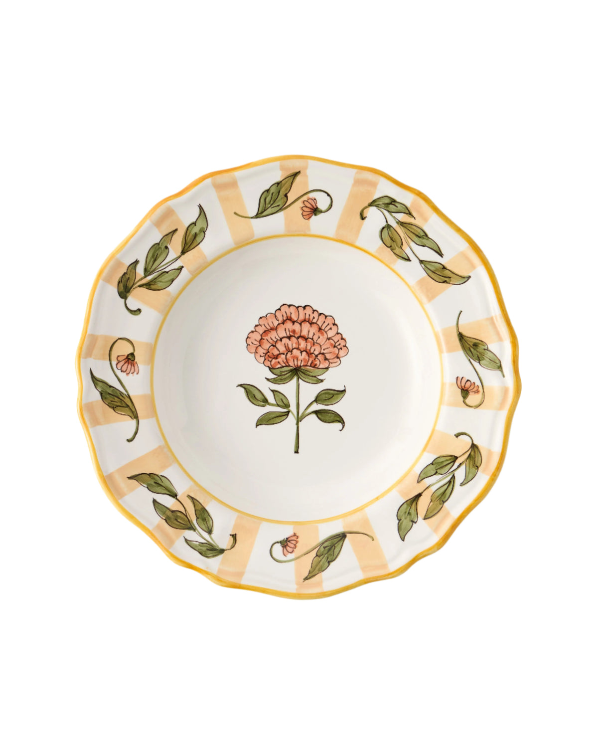 Top view of DESTREE Cabana Soup Plate in Yellow showcasing square silhouette and hand painted floral design on white background