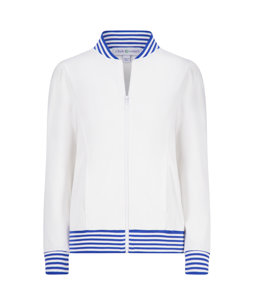 Front view of Dynasty Jacket showing full zip, puffed shoulders, and cadet blue striped ribbed collar, cuffs, and hem on white background